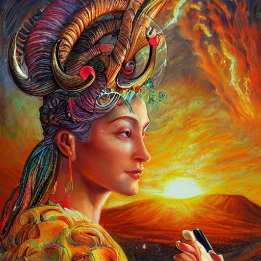 Image similar to acrylic on canvas painting by senior concept artist josephine wall, horned ram goddess checking her cell phone, erupting volcano and sunset in distance, flowers in foreground, trending on artstation, intricately detailed, highly detailed, high resolution, hdr, 8 k