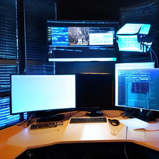 Prompt: desk with a dozen monitors, high tech, dark room, neon backlights, tower pc, cables glowing