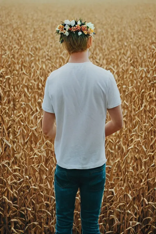 Image similar to agfa vista 4 0 0 photograph of a skinny blonde guy standing in a cornfield, flower crown, back view, grain, moody lighting, telephoto, 9 0 s vibe, blurry background, vaporwave colors!, faded!,