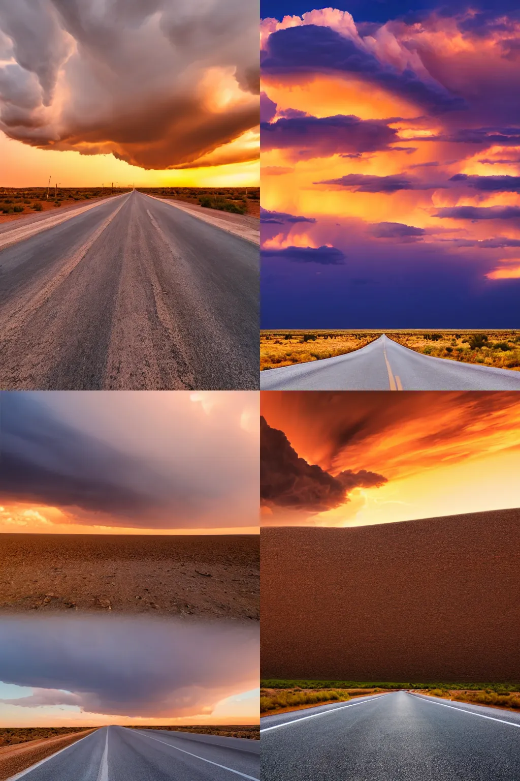 Prompt: giant, towering cumulonimbus cloud over an empty highway in the desert, sunset, golden hour, 4k, high quality,