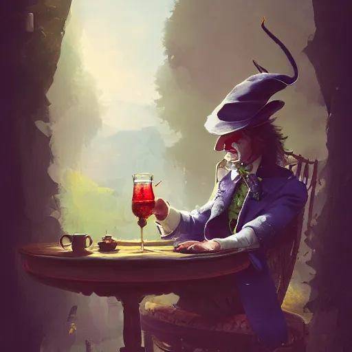 Image similar to the mad hatter, wearing shades, drinking tea, by Viktor Antonov,, greg rutkowski, fantasy, D&D, trending on artstation, smooth, sharp focus