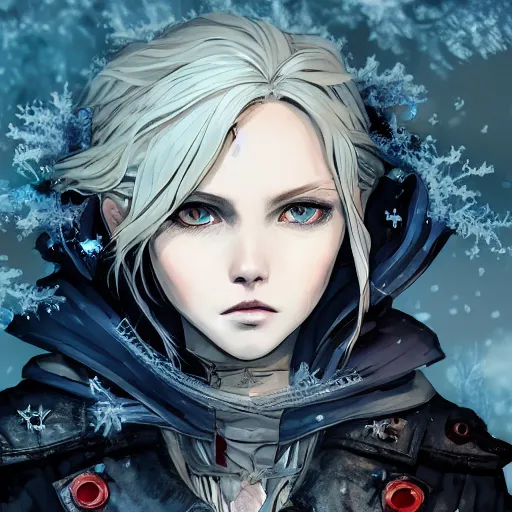 Prompt: highly detailed portrait of a pretty frostpunk vampire hunter lady with wavy blonde hair, by Dustin Nguyen, Akihiko Yoshida, Greg Tocchini, Greg Rutkowski, Cliff Chiang, 4k resolution, nier:automata inspired, castlevania inspired, vibrant but dreary blue and black color scheme!!! ((Ice and snow covered background))