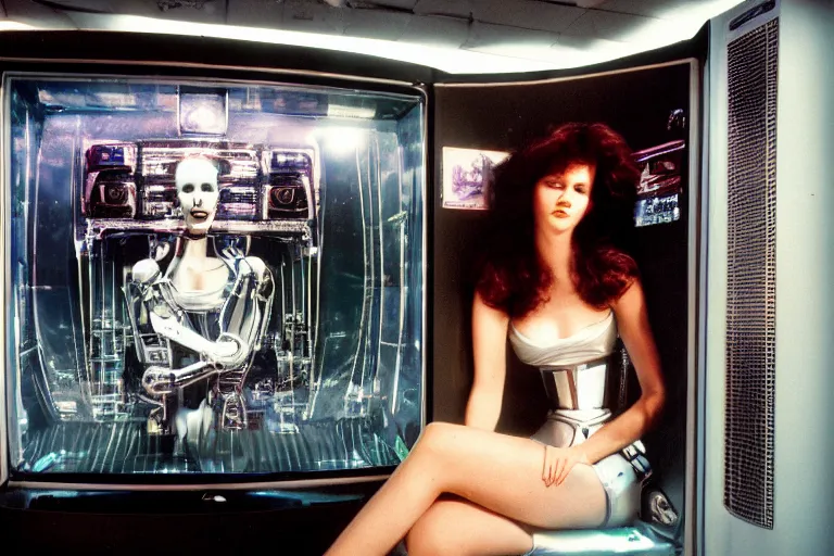 Image similar to beautiful woman robot sitting inside of a galaxy fridge, from 1985, bathed in the glow of a crt television, crt screens in background, low-light photograph, in style of chrome hearts