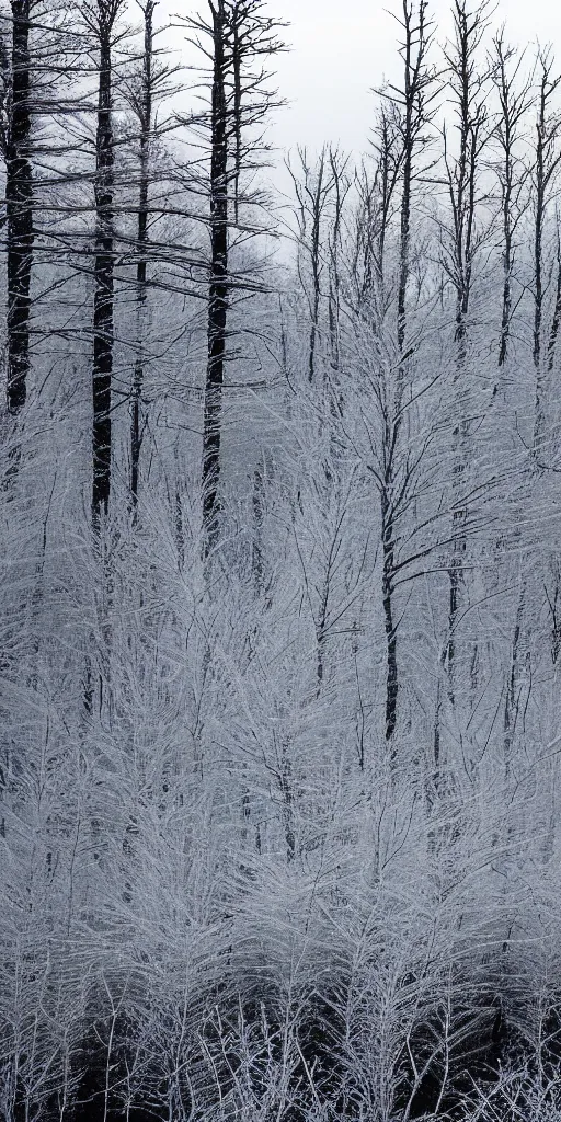 Image similar to Dark spruce forest frowned on either side of the frozen waterway. The trees had been stripped by a recent wind of their white covering of frost, and they seemed to lean toward each other, black and ominous, in the fading light. A vast silence reigned over the land. The land itself was a desolation, lifeless, without movement, so lone and cold that the spirit of it was not even that of sadness, highly detailed super wide angle