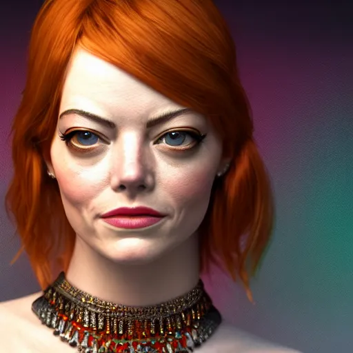 Image similar to a close up portrait of emma stone, she is dressed as a belly dancer,, arabian night, in focus sharp face with fine details, anatomically correct hands by albrecht durer, volumetric lightening, octane render, high quality, fully detailed, 4 k, alphonse mucha, masterpiece, stunning