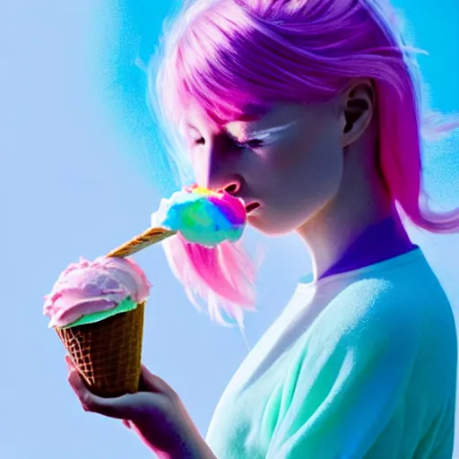 Image similar to an ultra high definition pastel coloured photograph of a real life unicorn eating and ice cream. refraction, volumetric lighting iridescence.