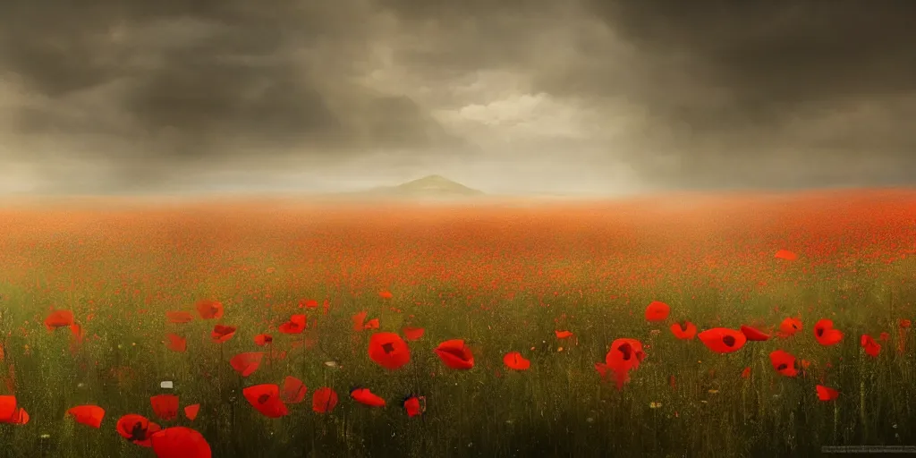 Image similar to a detailed beautiful matte painting of a field of poppies by Mikko Lagerstedt and Raphael Lacoste