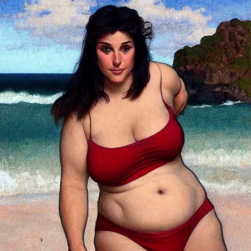 Image similar to portrait of cute 2 0 years old slightly obese courtney cox in red swimsuit running on a beach, intricate, hyperdetailed, photorealistic, diffuse lighting, hdrp, artstation, unreal 5, smooth, textless, sharp focus, art by john collier, albert aublet, krenz cushart, artem demura, alphonse mucha