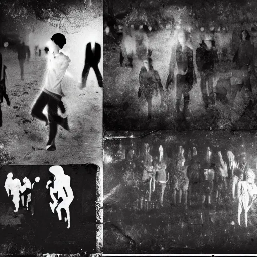 Image similar to a chaotic collage of scanned old photographs swith people, ghostly silhouettes, strange poses, taken with soviet vintage flash camera, dark smudgy ghostly mystic foggy grainy gritty grunge torn paper texture