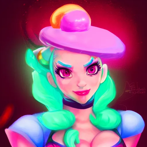 Image similar to Princess peach mixed with jinx from league of legends with neon lighting, trending on artstation, by WLOP and Joe Benitez