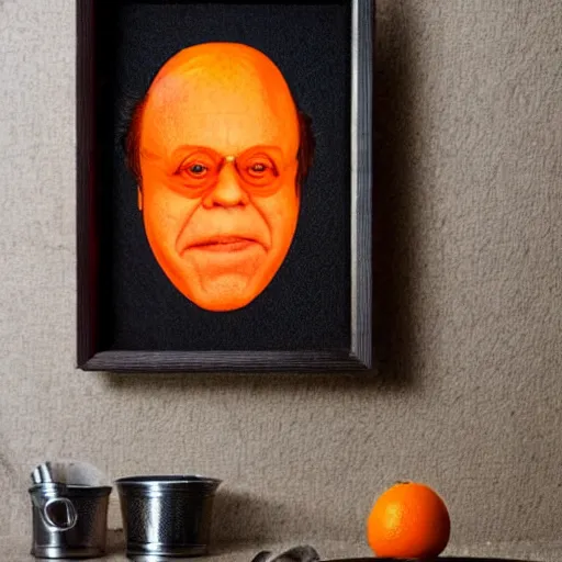 Prompt: An orange fruit with danny devito's face protruding out