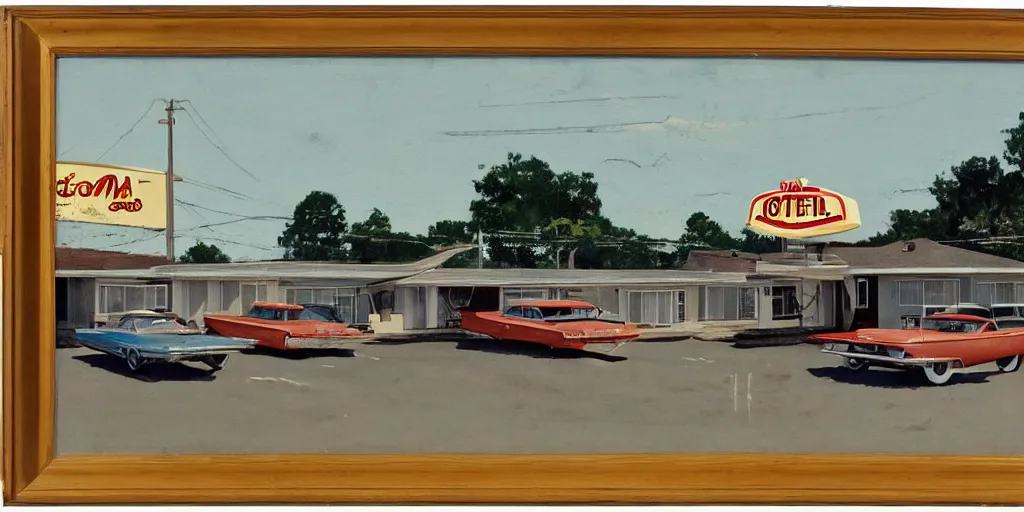 Prompt: 1 9 6 0 s americana painting of a motel and motel sign with a car parked outside by norman rockwell, panovision
