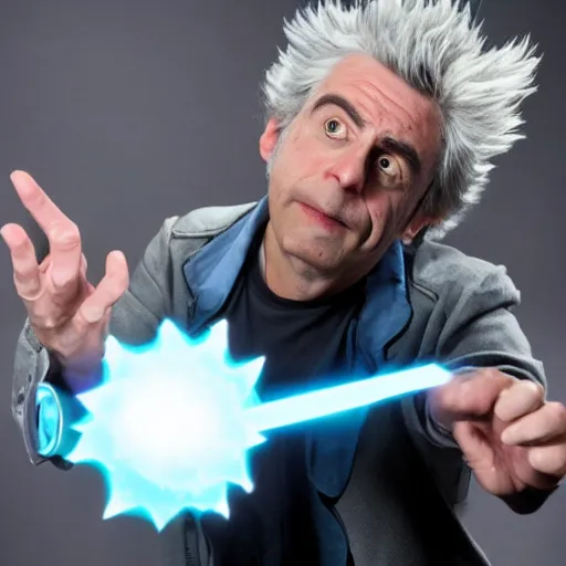 Image similar to Rick Sanchez as a real-life person, studio portrait, real-life-action movie star, holding a portal gun, opening a portal, Rick Sanchez