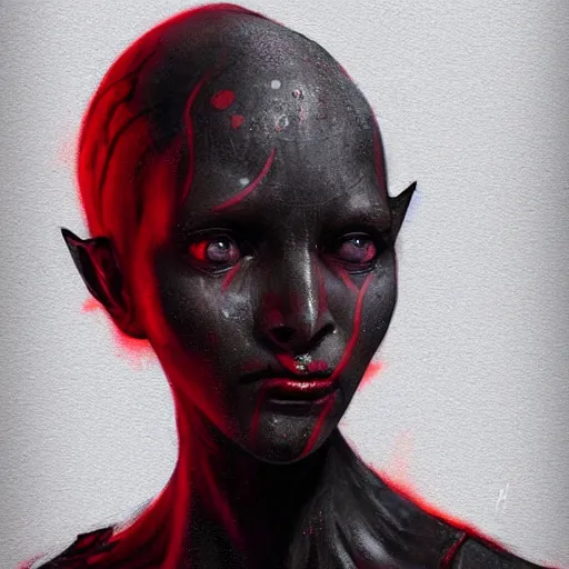 Prompt: portrait of a woman by greg rutkowski, twi'lek, younh, red and black skin, star wars expanded universe, wearing black robes, she is about 2 0 years old, highly detailed portrait, digital painting, artstation, concept art, smooth, sharp foccus ilustration, artstation hq