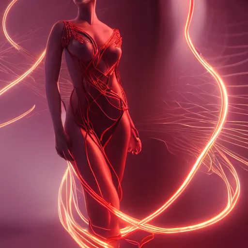 Image similar to a highly detalied digital image of a beautiful futuristic woman elegantly tangled in fiery red threads, by Andrew Chiampo, artstation, and Frederik Heyman, extremely detailed woman, stunning volumetric lighting, hyper realism, fantasy 4k, 8k