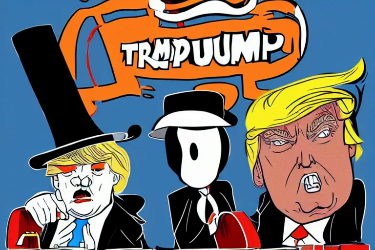 Image similar to 2 d poster illlustration donald trump and donald trump wearing trenchcoats and black floppy spy hats, stacks of boxes everywhere and a safe broken open for the movie spy vs spy