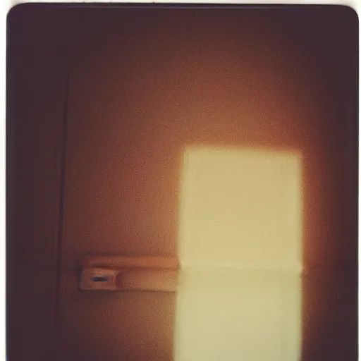 Image similar to dark room with a face peeking through a window, old polaroid, expired film, eerie,