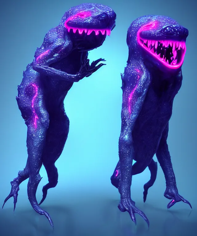 Image similar to twin creatures made of bioluminescence slimy skin, fantasy, elegant, crisp 8 k line art, digital painting, artstation, unreal engine, octane render, emissive lighting, concept art, matte, sharp focus, hyper realistic lighting, illustration, deep royal blue and pink color scheme, art by dave kendall