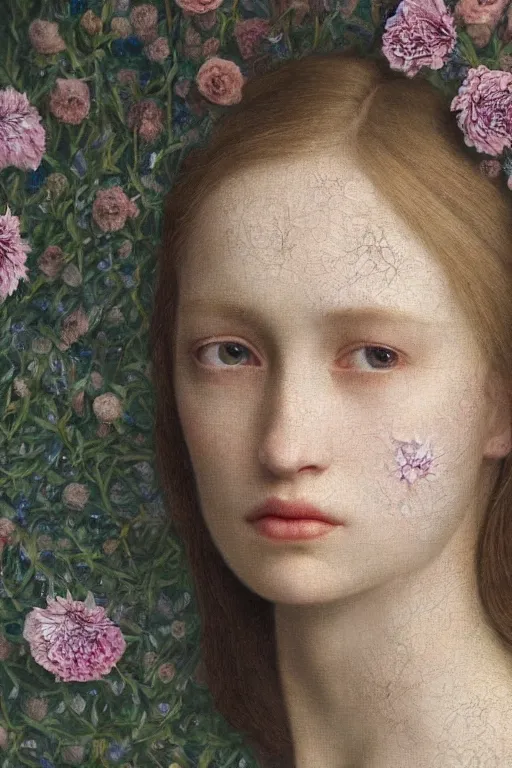 Prompt: hyperrealism close-up portrait of thousands flowers merged with with medieval female, pale skin, wearing dark silk, in style of classicism