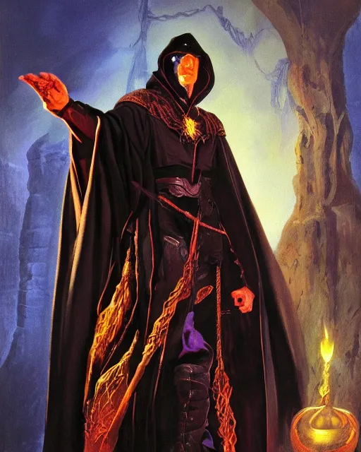 Prompt: portrait of Davis Hume as a powerful dungeons and dragons warlock, wearing dark robe, intricately detailed, realistic, oil painting, by jeff easley, boris vallejo, cinematic lighting