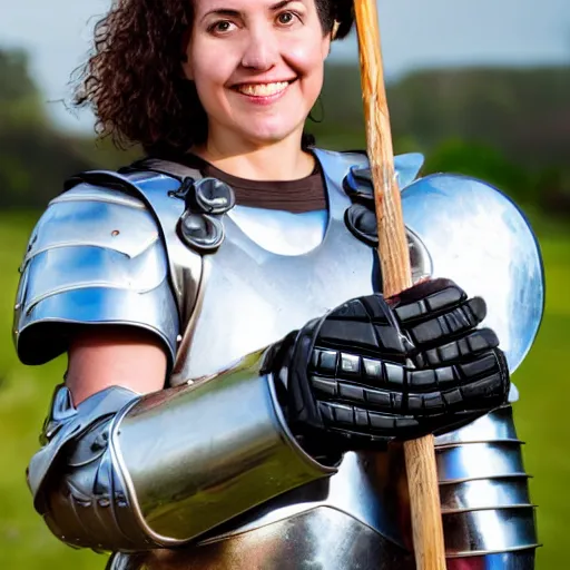 Prompt: a mid-shot portrait of a victorious woman in a shiny full plate armor holding a hockey stick