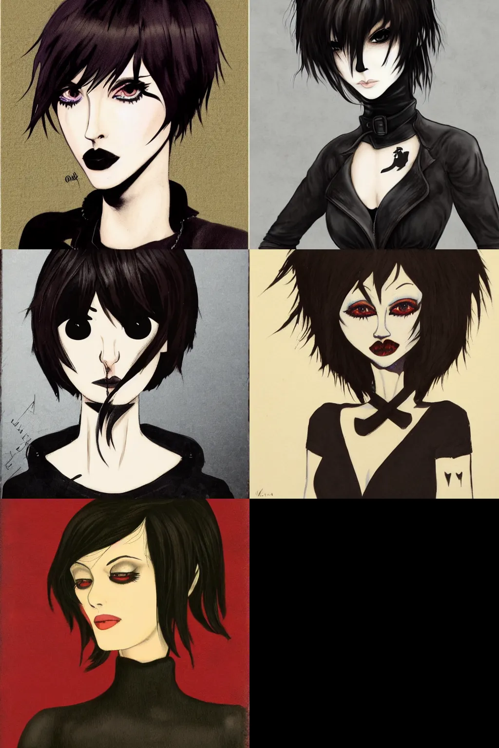 Prompt: goth painted by louis anquetin. high - quality character portrait. short dark brown messy pixie haircut, large black eyes, slightly rounded face, pointed chin, small nose, black tank top, black leather jacket, black knee - length skirt, black choker.