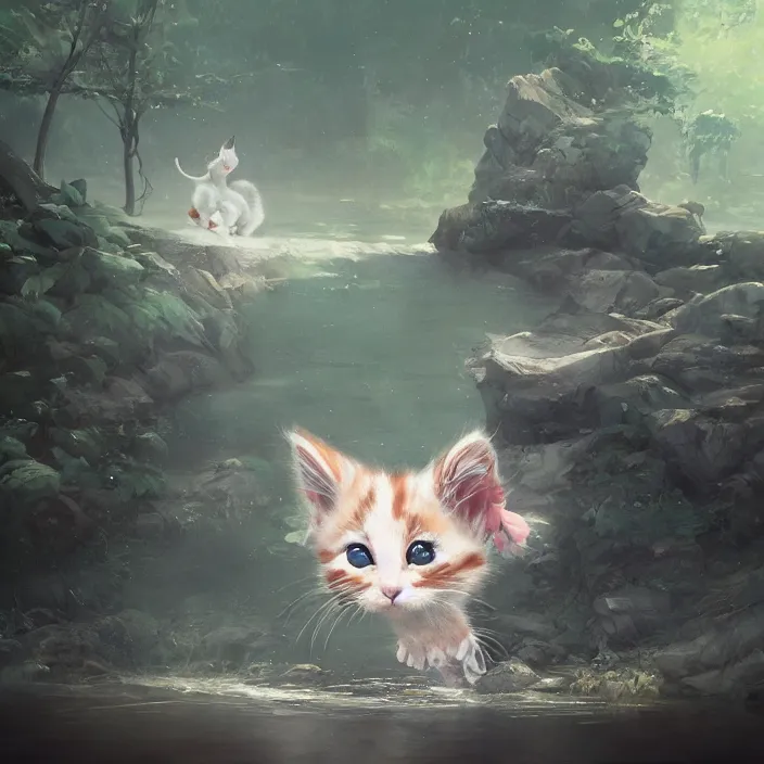 Image similar to a painting of a cute kitten at a river. character design by cory loftis, fenghua zhong, ryohei hase, ismail inceoglu and ruan jia. volumetric light, detailed, rendered in octane