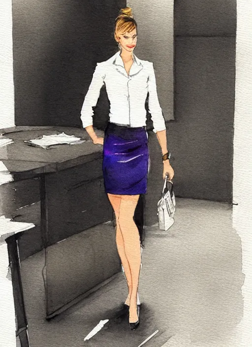 Image similar to concept art of a modern office life, young attractive business woman, pencil miniskirt, pinterest, artstation trending, behance, watercolor *, by coby whitmore, silver, laser light,