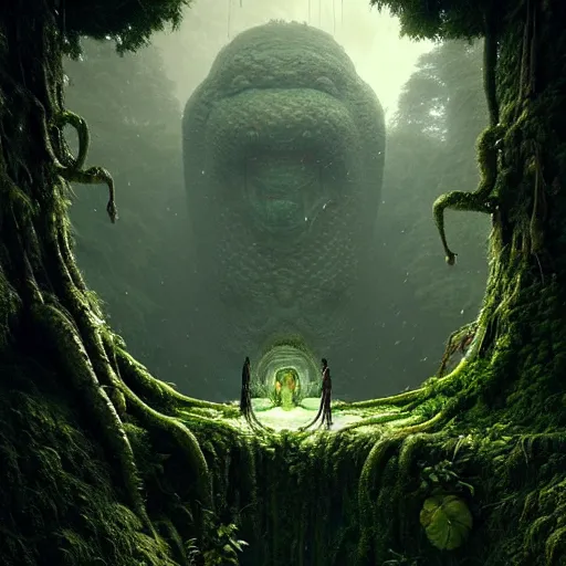 Image similar to ancient giant fallen god, lush trunda vegetation, snow :: by Michal Karcz, Daniel Merriam, Victo Ngai and Guillermo del toro :: ornate, dynamic, particulate, intricate, elegant, highly detailed, centered, artstation, smooth, sharp focus, octane render, 3d