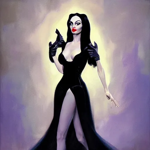 Image similar to greg manchess portrait painting of morticia from addams family as overwatch character, medium shot, asymmetrical, profile picture, organic painting, sunny day, matte painting, bold shapes, hard edges, street art, trending on artstation, by huang guangjian and gil elvgren and brom