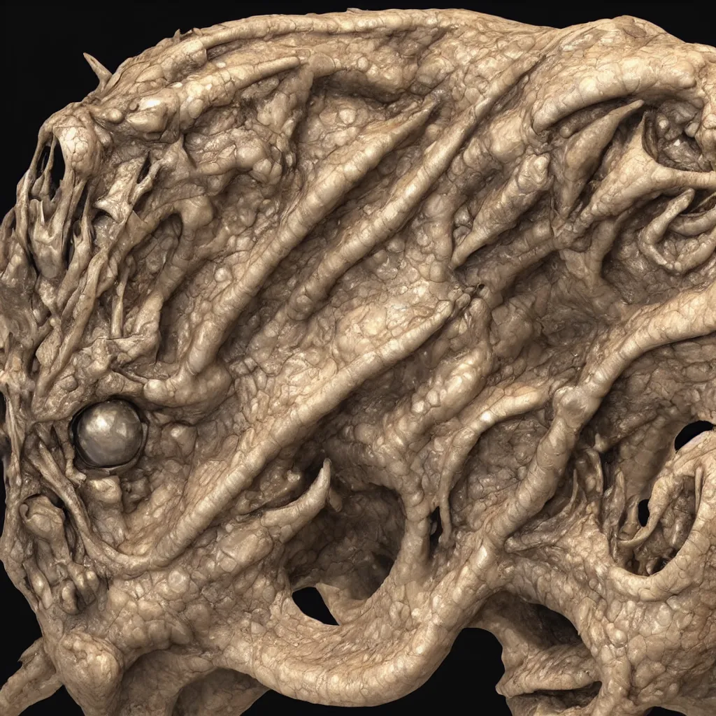 Image similar to scientist hands holding the fossilized remains of a dragon skull. zbrush, extremely detailed