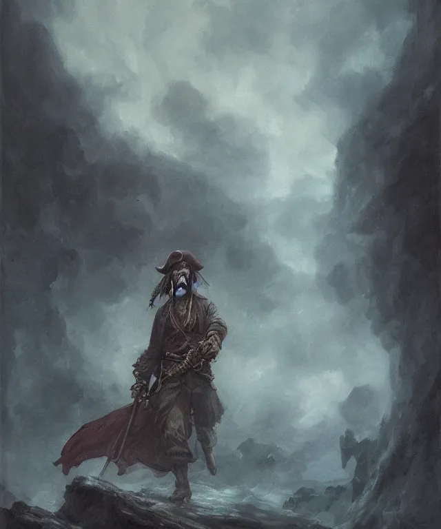 Image similar to ultra realistic color portrait painting of a tranparent 1 7 th century pirate ghost with a sword in a grotto, dark, painted, brooding, atmospheric, seascape, horror, smooth, epic, highly detailed, cinematic, artstation, by leesha hannigan