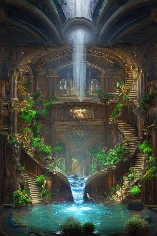 Prompt: interiors of a godly palace constructed of mirrors and spiraling staircases at night, life-size terrarium, flowing water, waterfalls, plants, glowing light, symmetrical, sacred geometry, heavenly, enchanted environment, fog, mist, low light, evil, dark, environment concept, cgsociety, environment 8K artstation, cinematic lighting, intricate details, 4k detail post processing, hyperealistic, unreal engine 5 render, photo realism