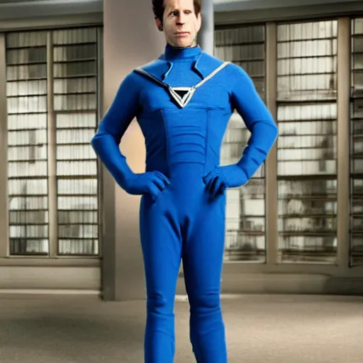 Prompt: glenn howerton as reed richards from the fantastic four, mr fantastic, blue suit, superhero, marvel