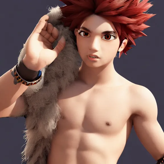 Prompt: 3D render of a cute tribal anime boy in a loincloth, fantasy artwork, fluffy hair, mid-shot, award winning, ray tracing, hyper detailed, very very very beautiful, studio lighting, artstation, unreal engine, unreal 5, 4k, octane renderer