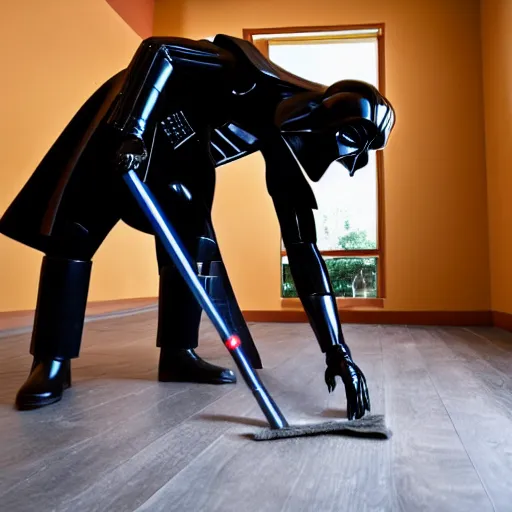 Prompt: a photo of darth vader mopping the wooden floor