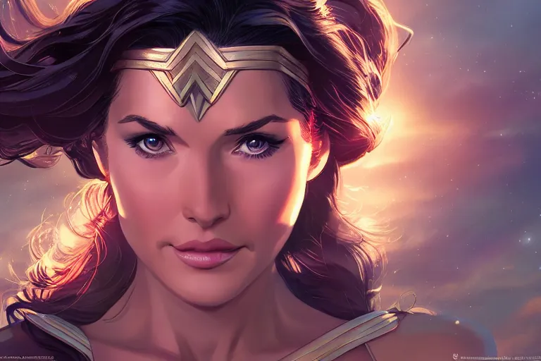 Prompt: young lynda carter as 7 0 s wonder woman, single subject, scenic full shot, ambient lighting, detailed face, by makoto shinkai, stanley artgerm lau, wlop, rossdraws