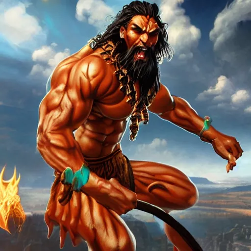 Image similar to jason momoa as dhalsim street fighter, breathing fire, ultra realistic, concept art, intricate details, highly detailed, photorealistic, octane render, 8 k, unreal engine, art by frank frazetta, simon bisley, brom