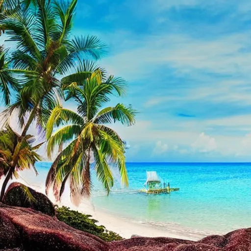 Prompt: the most beautiful tropical island, seashore, flowers, palmtrees, animals, bokeh, godrays