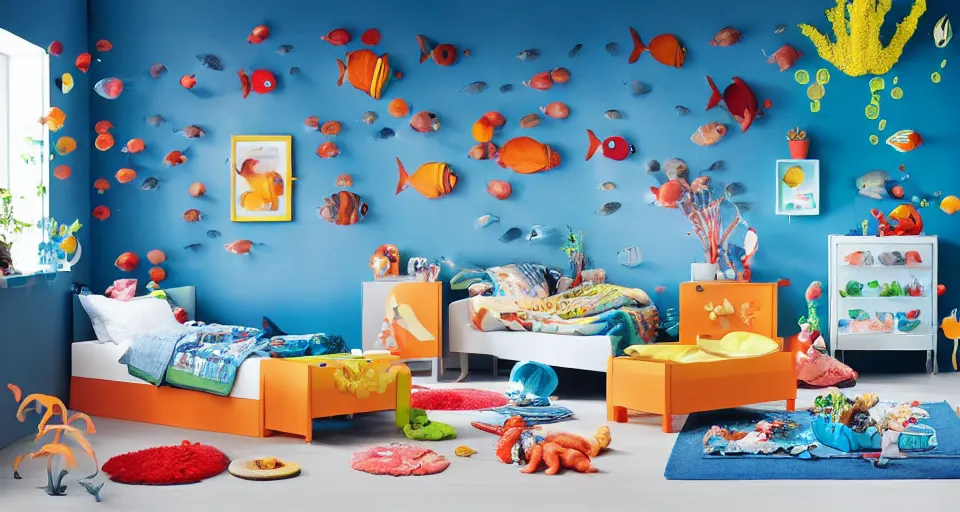 Image similar to IKEA catalogue photo of an underwater childrens bedroom, coral reef, fish, sharks, clown fish, angel fish, dappled light, sun rays