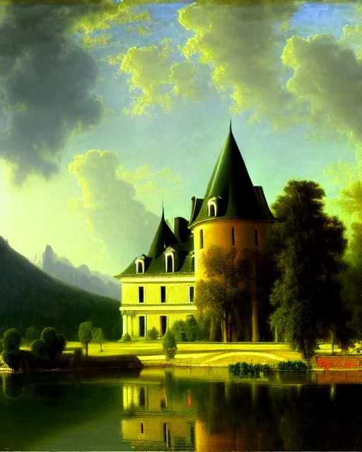 Image similar to beautiful illustration of chateau in a serene landscape, by albert bierstadt, magic realism, narrative realism, beautiful matte painting, 4 k hd wallpaper