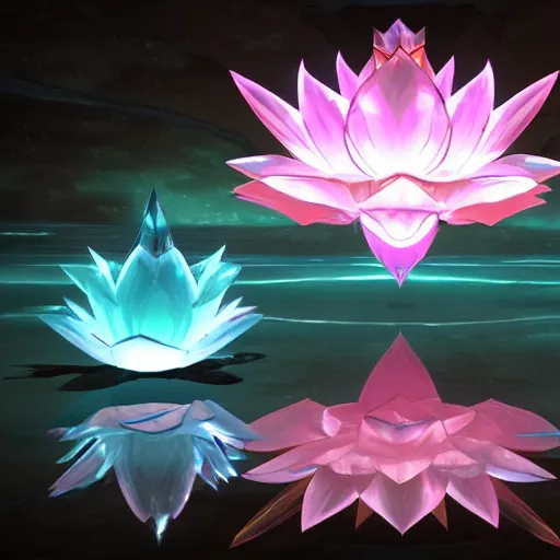 Image similar to a comic book style render of a crystal lotus by yusuke murata and makoto shinkai, cel shaded, unreal engine, highly detailed, iridescent, artstation, pixiv, reflective, volumetric lighting, soft glow