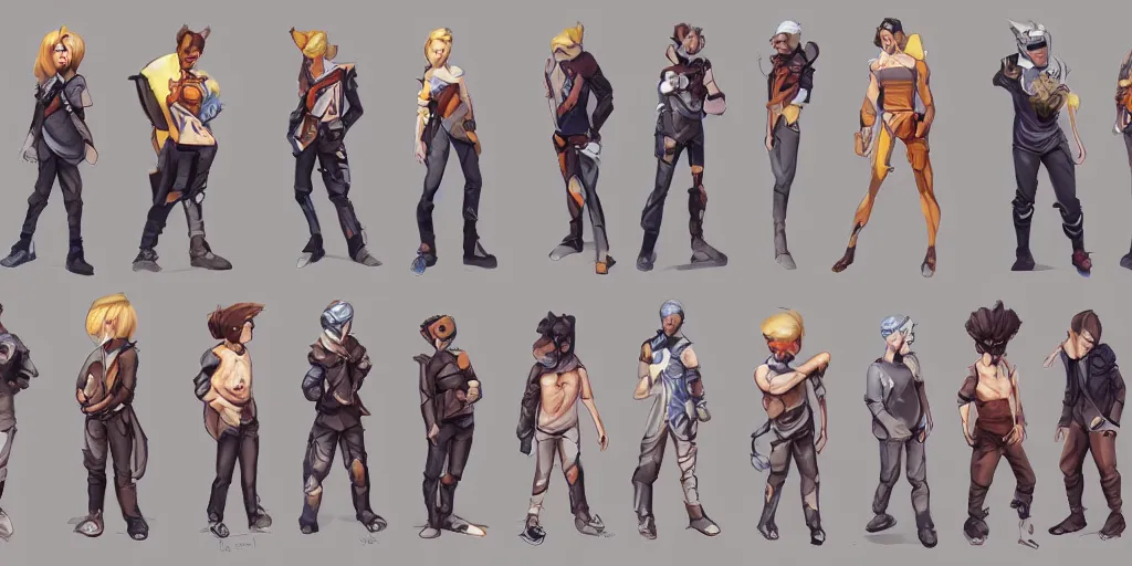 Prompt: concept art of single boy, game characters full body designs, hearthstone, unique heads, casual streetwear, by marc brunet and artgerm, color comics style, clean line