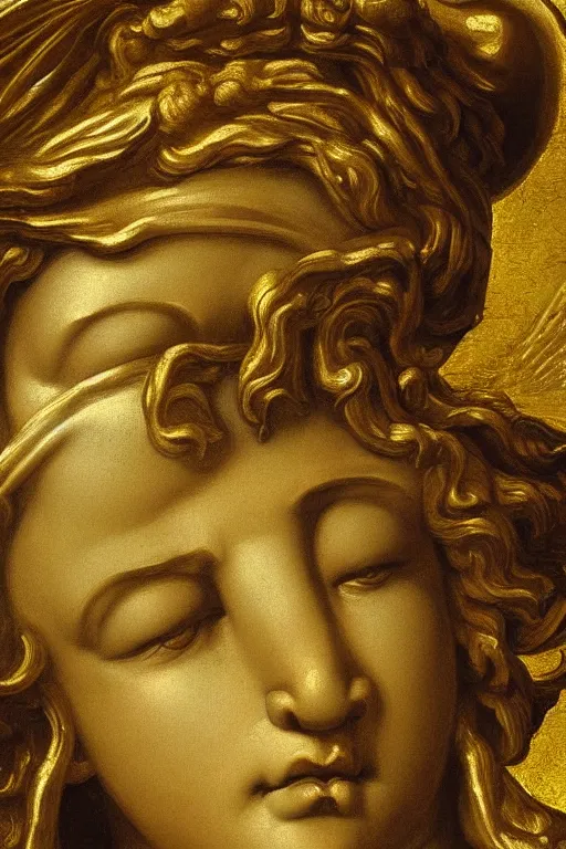 Prompt: archangel Michael, crying face, closeup, ultra detailed, made in gold, Guido Reni style