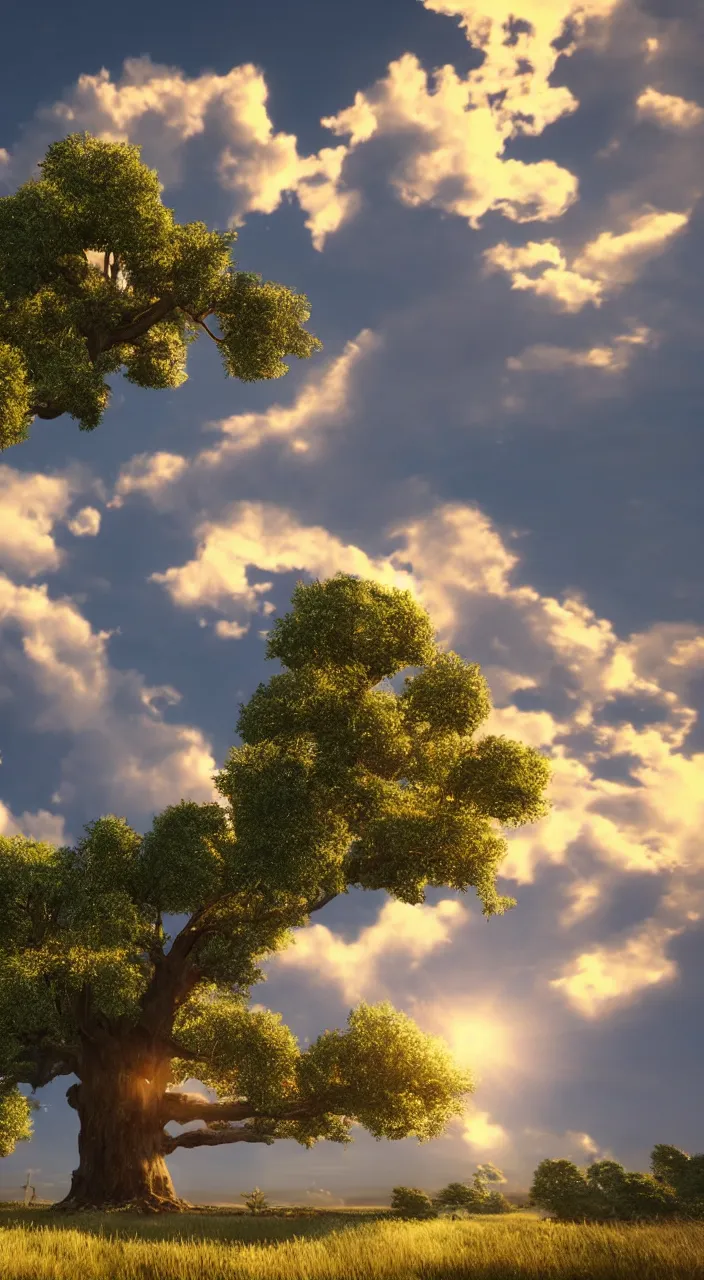 Image similar to a gigantic oak reaching the sky, detailed clouds, sunbeams, heavenly color scheme, unreal engine