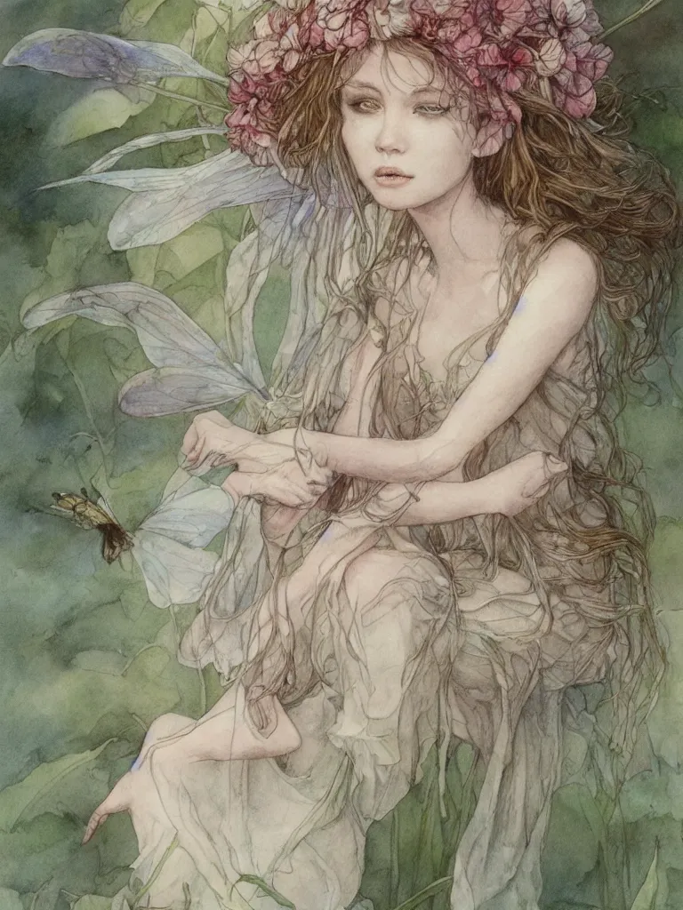 Image similar to study of a flower fairy, illustration, watercolor, alan lee, detailed, pretty, ethereal, realistic, artstation