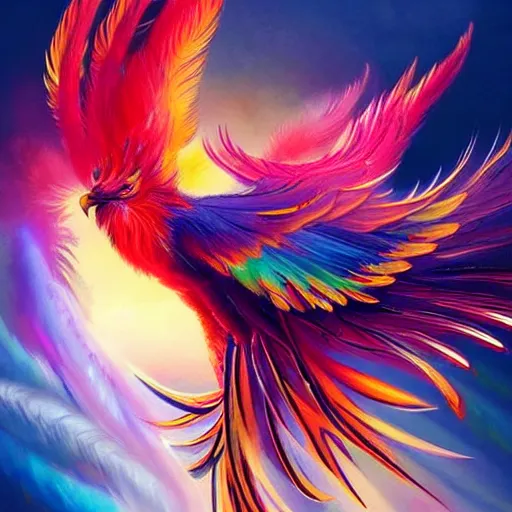 Image similar to cute flying chinese phoenix, sparkling bird eyes, embers in her bird eyes, shining rainbow feathers, sharp features, flowing fiery multicolor feathers, highly detailed, digital painting, artstation, concept art, smooth, sharp focus, beautiful rainbow feathers, expressive eyes, illustration, phoenix art by Artgerm and greg rutkowski