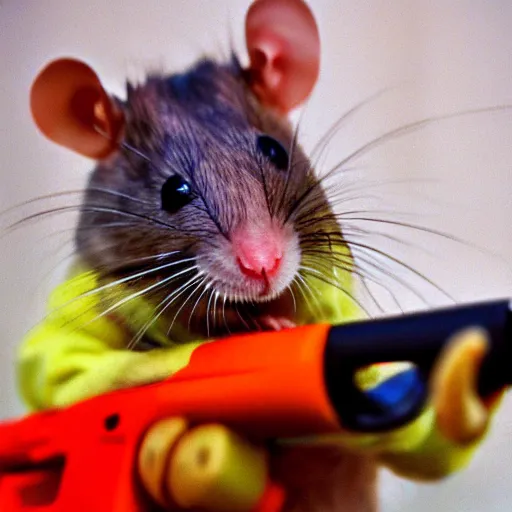 Prompt: 35mm photo of a rat holding a gun, bright and fun colors