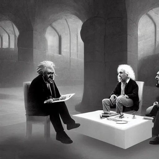 Prompt: Sokrates, Platon and Einstein discussing about general relativity, ultra high definition fantasy art, volumetric lighting