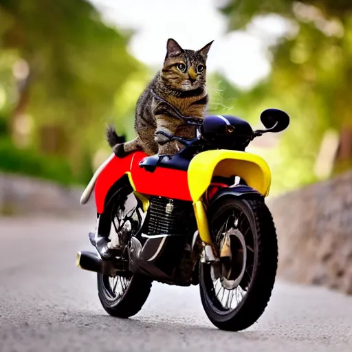 Image similar to a photo of a tabby cat riding a motorcycle, wearing a red helmet and a yellow scarf at night, 4k , highly detailed, award winning photo